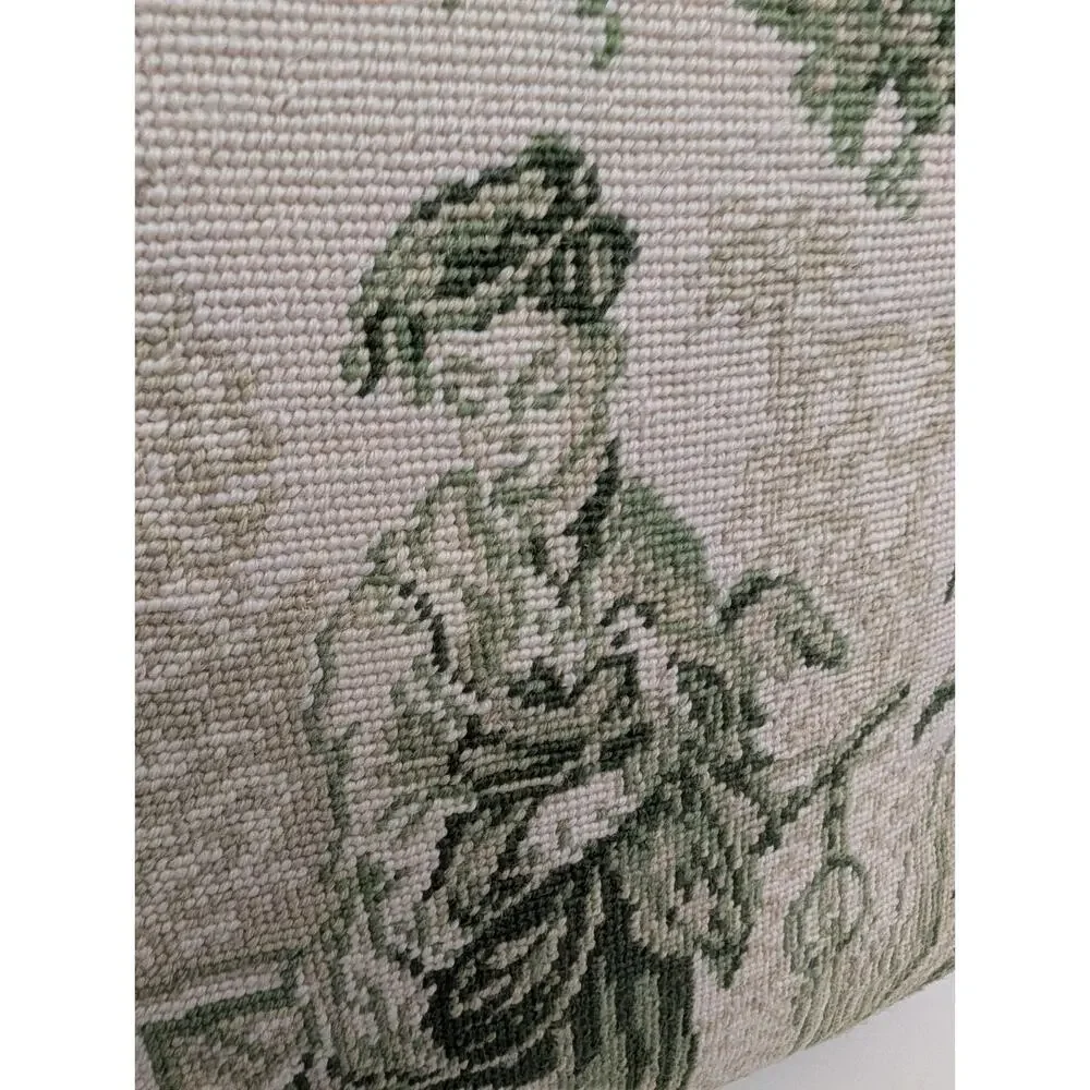 Aubusson Style Needlepoint Pillow Cover Toile Sage Green Cream PAIR Chinoiserie